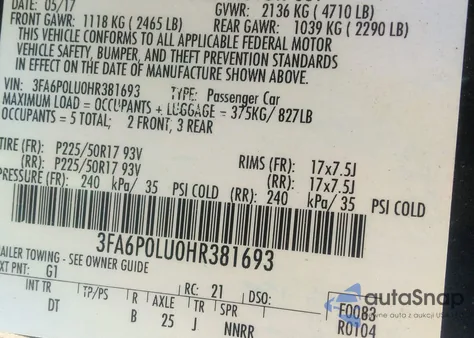 2017 Ford Fusion Hybrid Se из США, поврежденный, VIN 3FA6P0LU0HR381693